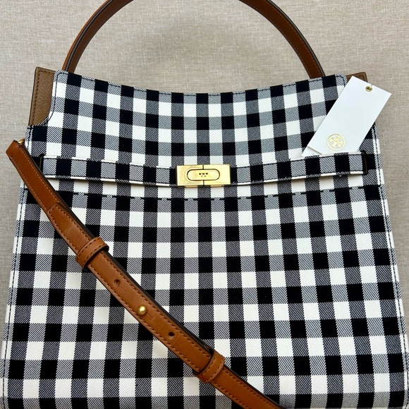 NWT Tory Burch Lee Radziwill Double Bag – Black/Ivory Gingham Canvas Satchel - Picture 10 of 15